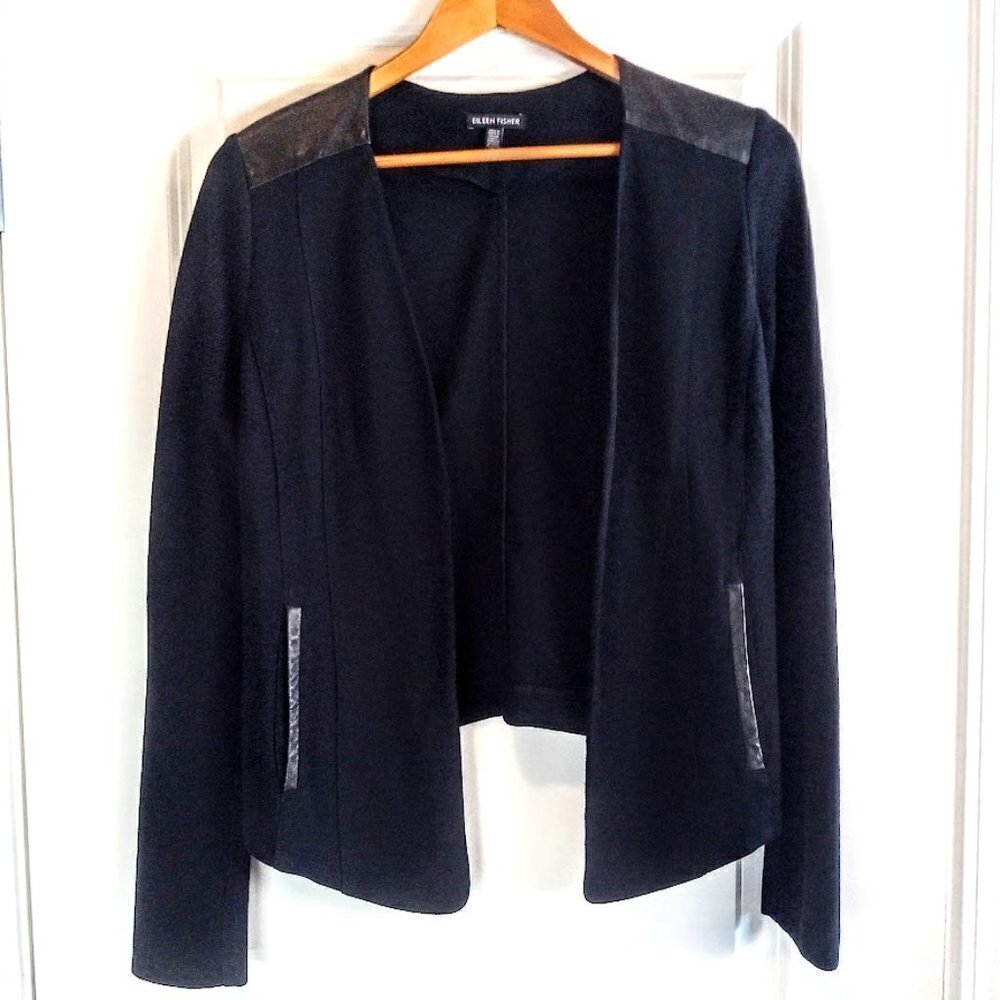 Eileen Fisher Black Ponte Knit Leather Trim Open Jacket